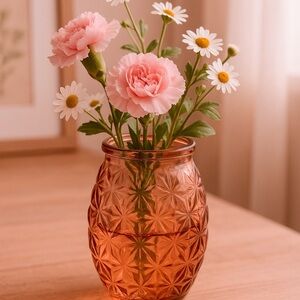 Vintage Polatis Pink Textured Glass Vase – Diamond Starburst Pattern – 5.5”